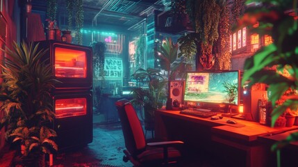 Cozy Gaming Room with Plants and Soft Lighting