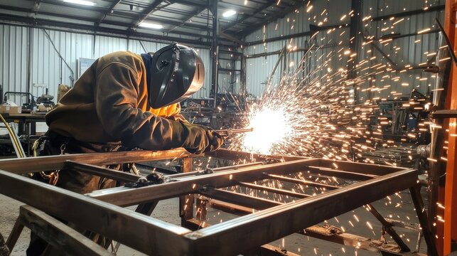 Skilled welder wearing protective gear works on metal fabrication in a workshop, sparks flying in the air, showcasing craftsmanship and industrial techniques.