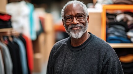 Fototapeta premium Here's a description for your photo stock image: Smiling senior man in a shop. Perfect for themes of charity, retail, or aging.