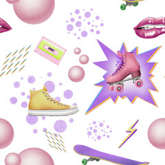 Seamless pattern in 80's,90's style from cassete,roller skates,skateboard,sexy woman lips,bubble gum,comic strips,dashes with rainbow offset,lightning bolt acid color yellow with purple,shark blast