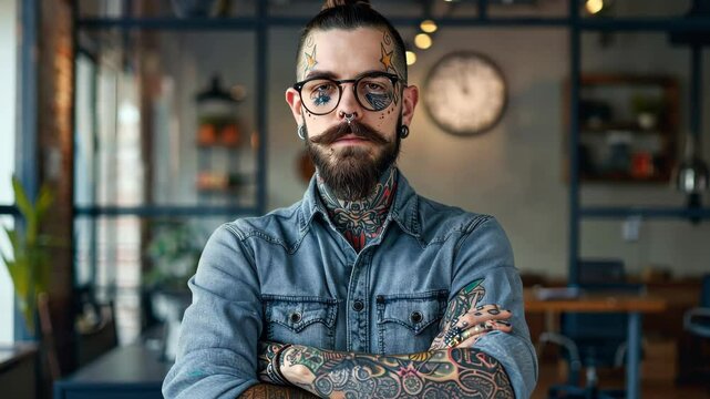 A man with striking tattoos and piercings stands confidently in a contemporary caf&eacute; setting. His eyes express charisma as he poses with arms crossed, highlighting his unique style.