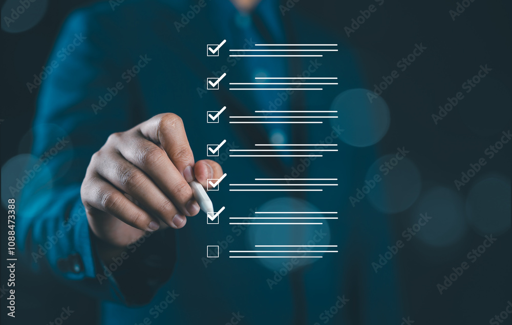 Poster businessman use pen to virtual tick correct sign mark for project and document approval, quality and