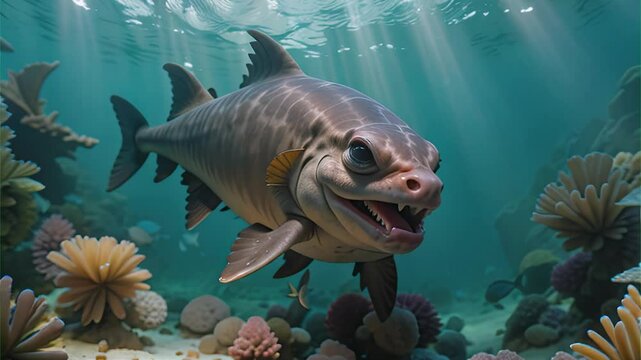 Sea monster open its mouth with teeth. Generative AI