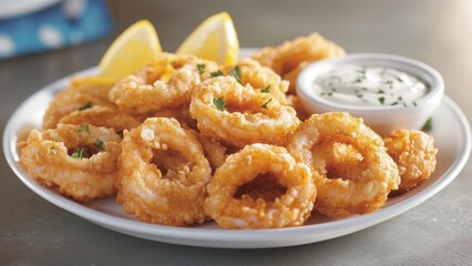 Plate of Crispy Golden Fried Calamari with Lemon and Dip