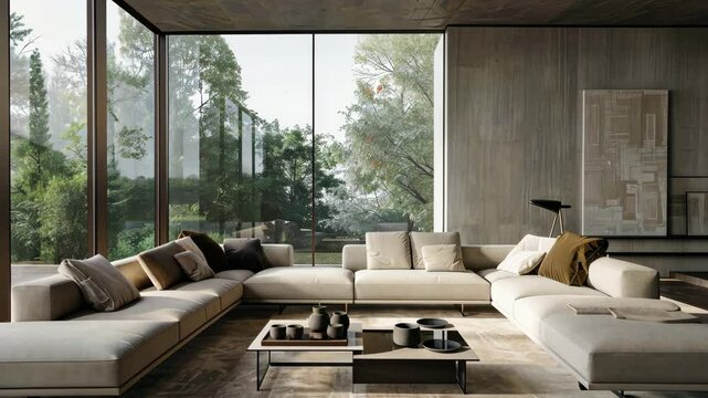 This spacious living room features a modern design with large windows that let in natural light. The stylish furniture includes a sectional sofa and a chic coffee table, creating a cozy atmosphere.
