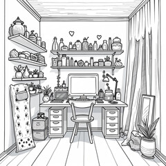 Fototapeta premium Cozy Home Office with Shelves, Plants, and Natural Light