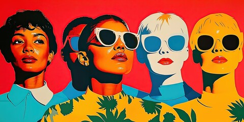 Colorful pop art portrait of women. Modern, bold illustration with fashionable eyewear and shades. Expresses diversity and style. A dynamic trendy piece for creative design.