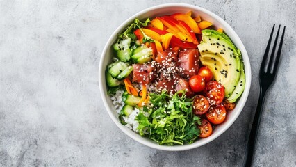 Colorful Poké Bowl with Fresh Vegetables and Fish