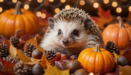 A baby hedgehog nestled in a pile of colorful autumn leaves, surrounded by small pumpkins and acorns