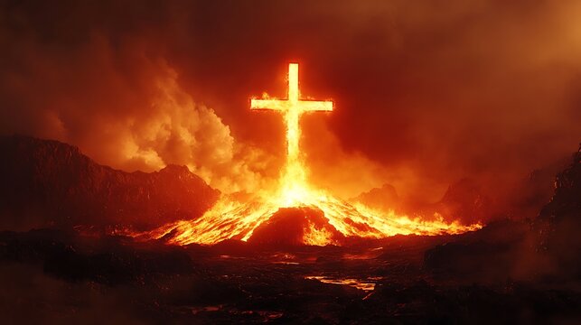 Silhouette of a Christian cross merged with the image of a volcano spewing lava, the fiery glow illuminating the edges of the cross, dark smoke creating a dramatic contrast, vibrant and powerful,