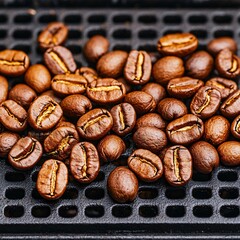Fototapeta premium Coffee bakery roast concept.A close-up of roasted coffee beans on a black grill, showcasing their rich color and texture.