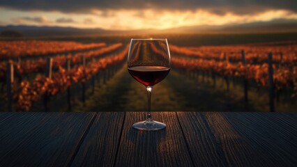 Glass of Red Wine Overlooking Vineyard at Sunset