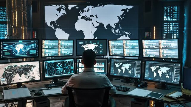 A team is engaged in monitoring extensive screens filled with global data analytics and security alerts in a cutting-edge operations center. The atmosphere is focused and dynamic.