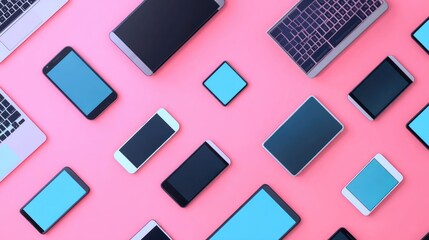 pattern of Laptop, pc, and phones on pink background