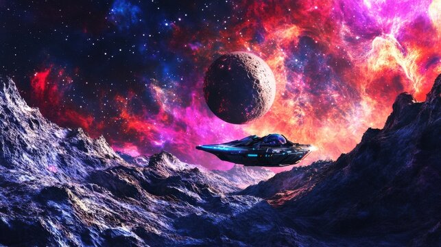 An interplanetary drone scanning the rocky surface of a distant moon, with a vibrant nebula swirling in the background, cosmic research, futuristic technology, space exploration, planetary discovery - Powered by Adobe
