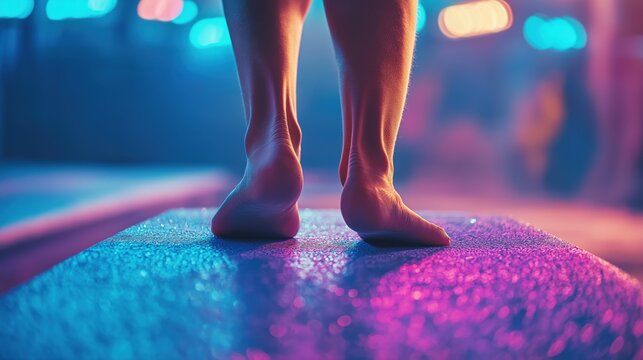 Closeup of female gymnast legs practicing gymnastics in sport gym