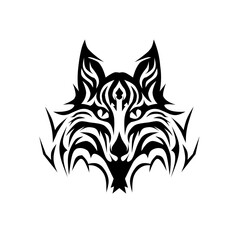 A stylized wolf head, depicted in a tribal tattoo style, with intricate details and bold lines.