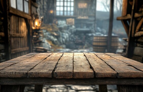 Rustic wooden table in a medieval tavern. Vintage texture and surface exemplify old craftsmanship. Interior setup with warm atmosphere, suitable for background emphasis in artistic mockup.