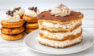 Coffee bakery roast concept.A delicious layered cake topped with cream and chocolate, accompanied by cookies with frosting, creating an inviting dessert display.