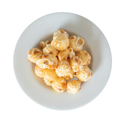 bowl of popcorn isolated on white. shot with high angle view