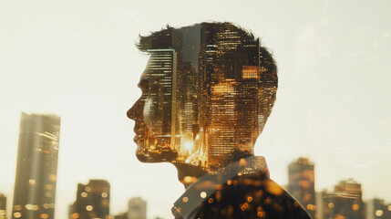 Man silhouette with cityscape overlay symbolizes urban life and identity integration