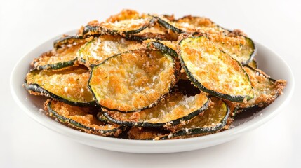 A plate of crispy zucchini chips with a golden breadcrumb coating and a sprinkle of Parmesan cheese, Each chip&rsquo;s crunchy texture and savory flavor captured with precision