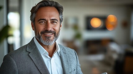 Middle-aged businessman using a tablet, smiling, with a formal suit, isolated on a white background.