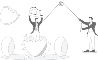 One businessman carrying a big Russian Rubles Currency is breaking out of the giant gold egg