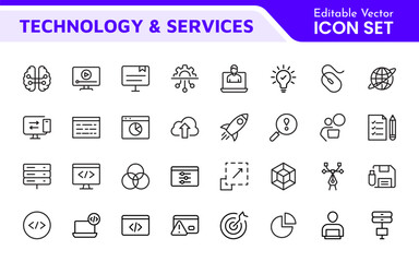 Technology and Development Icon Set. Modern and innovative icons tailored for tech apps and projects, perfect for showcasing development tools, software solutions, and cutting-edge technologies.