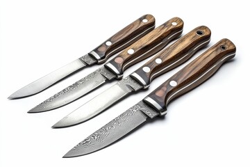 Fototapeta premium Four Damascus steel knives with wood handles.