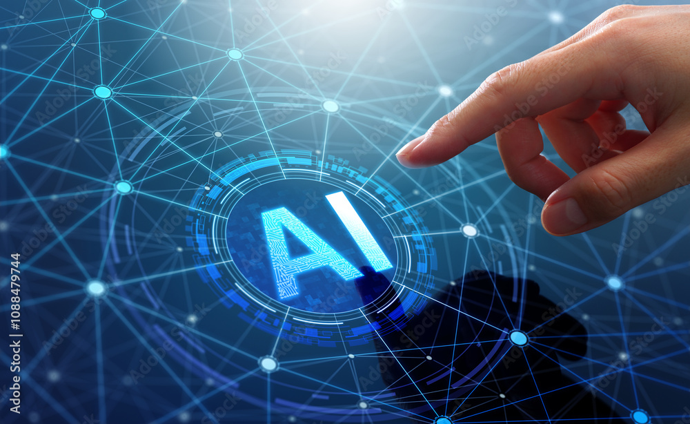 Poster AI artificial intelligence and neural network. Machine learning technology. Man touching AI icon.