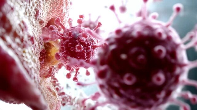 A detailed close-up of a virus, showcasing its structure, including spikes and surrounding elements, emphasizing microscopic biological complexity.