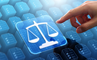 Law and legal documents management system. Compliance and DMS. Businessman touching balance and scale icon on many files.