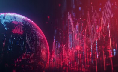 Futuristic Digital World with Data Streams and Glowing Global Map Representing Technology, Connectivity, and Information Exchange in a Vibrant Red and Blue Color Palette