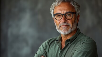 Obraz premium Elegant older businessman with a green shirt, arms crossed, isolated on a grey background.