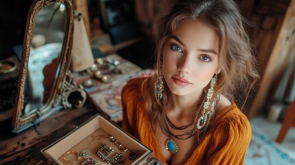 Fototapeta premium A woman in an orange shirt is holding a box of jewelry