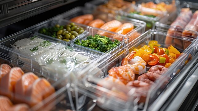 A colorful display of fresh seafood and vegetables in clear containers, arranged neatly for easy selection and presentation.