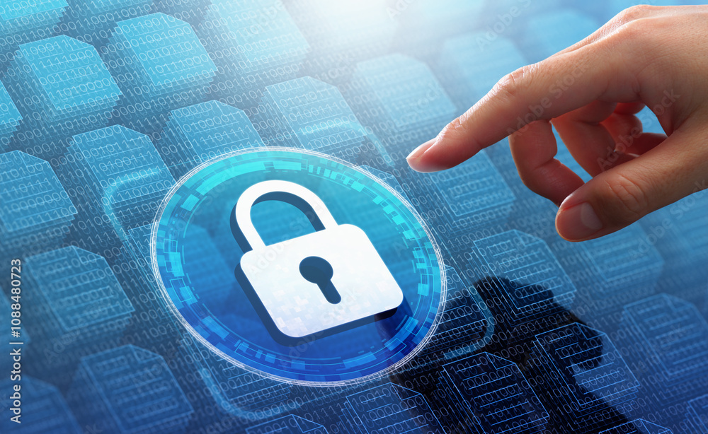 Poster Information security and data storage protection. Encrypted files with password. Hand touching padlock icon on binary file icons.