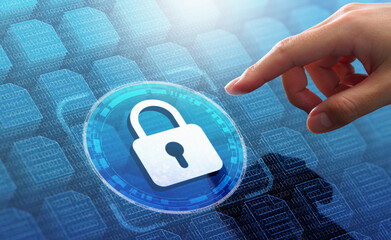 Information security and data storage protection. Encrypted files with password. Hand touching...
