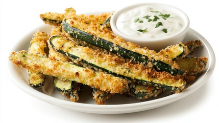 A plate of crispy zucchini fries with a golden breadcrumb coating and a side of creamy dipping sauce, Each fry&rsquo;s tender interior and crunchy exterior captured with precision