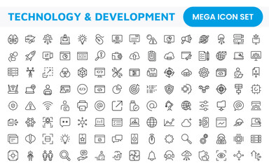 Technology and Development Icon Set. Modern and innovative icons tailored for tech apps and projects, perfect for showcasing development tools, software solutions, and cutting-edge technologies.
