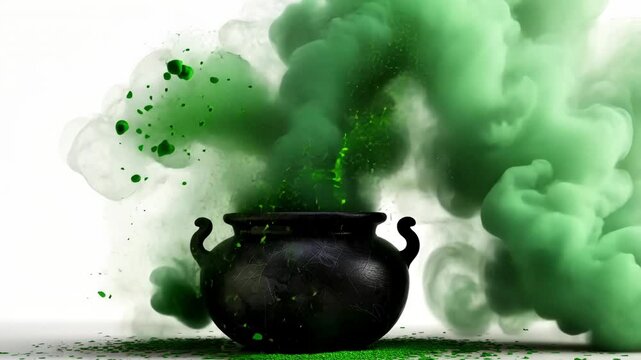 A dark cauldron emits swirling green smoke, creating an enchanting atmosphere. The setting evokes a sense of magic and mystery, perfect for a witchcraft-themed gathering.
