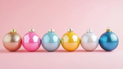 Six pastel-colored Christmas ornaments arranged in a row on a pink background.