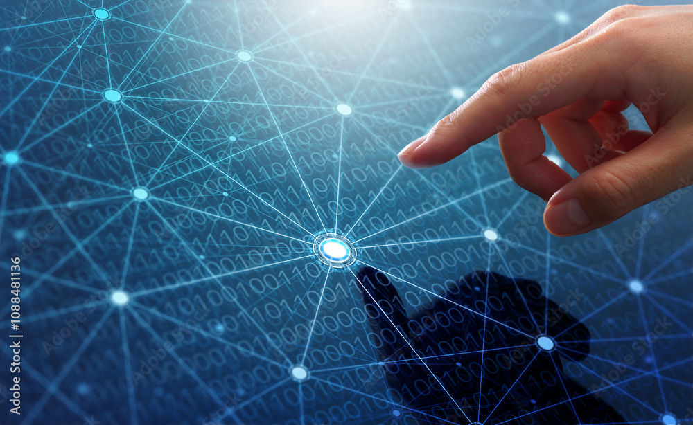 Aufkleber Data integration system. Binary data transfer. Connect internet network between application. Businessman touching network connection.