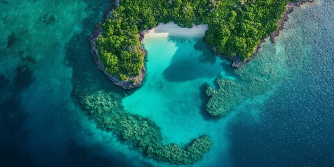Aerial view showcasing a stunning shallow lagoon nestled within a small tropical island in an enchanting archipelago, highlighting the beauty of the lagoon and its surroundings.