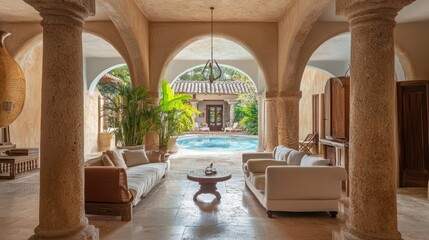 Spacious villa with Mediterranean design, large archways, stone pillars, poolside cabana