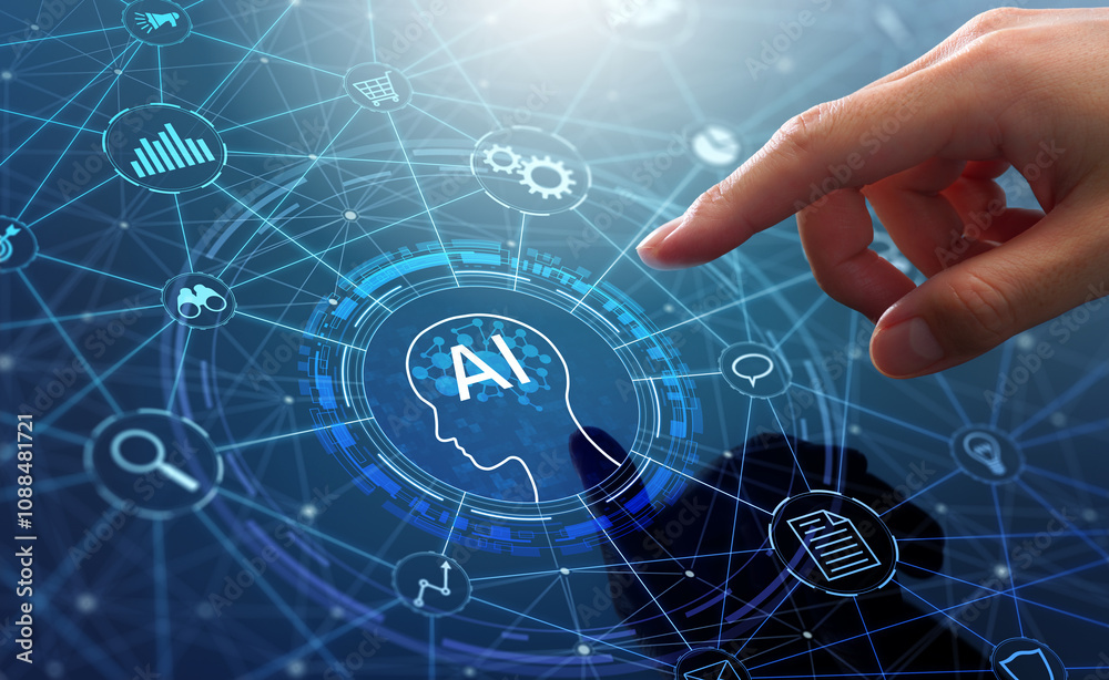 Poster AI agent and generative artificial intelligence. Robotic processes automation and data analysis. Businessman touching head and AI icon on application network system.