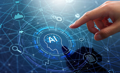 AI agent and generative artificial intelligence. Robotic processes automation and data analysis. Businessman touching head and AI icon on application network system.