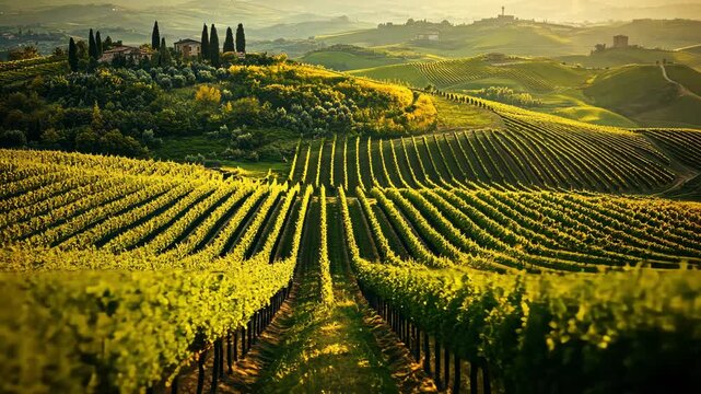 Rolling hills covered with lush vineyards extend into the distance under a warm, golden light. A charming rustic villa can be seen atop the hill, enhancing the idyllic landscape.