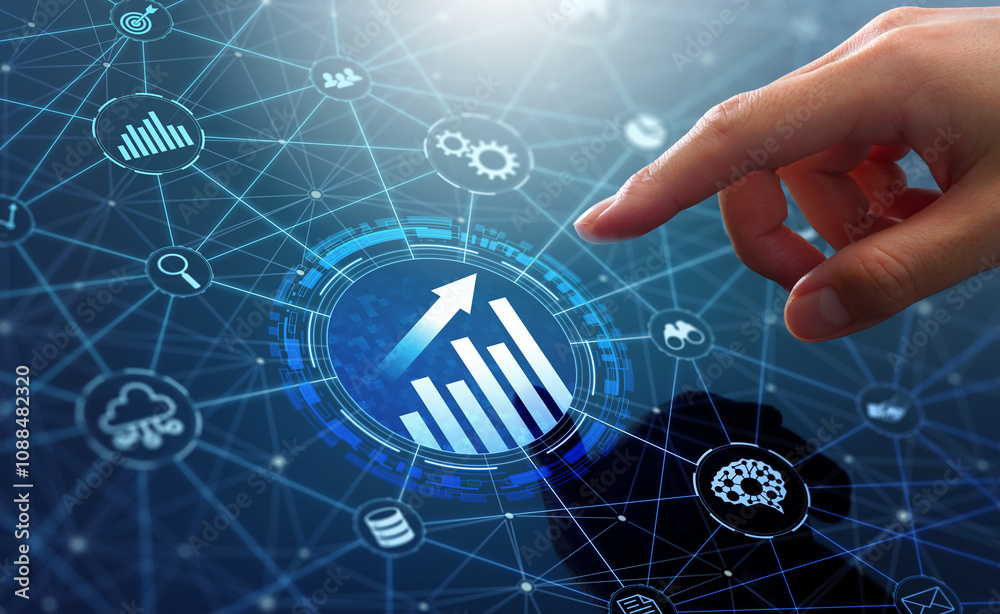 Poster Business growth and data analysis with technology. Analyzing efficiency and productivity with data science. Analyst touching growth graph and arrow icon on network structure.